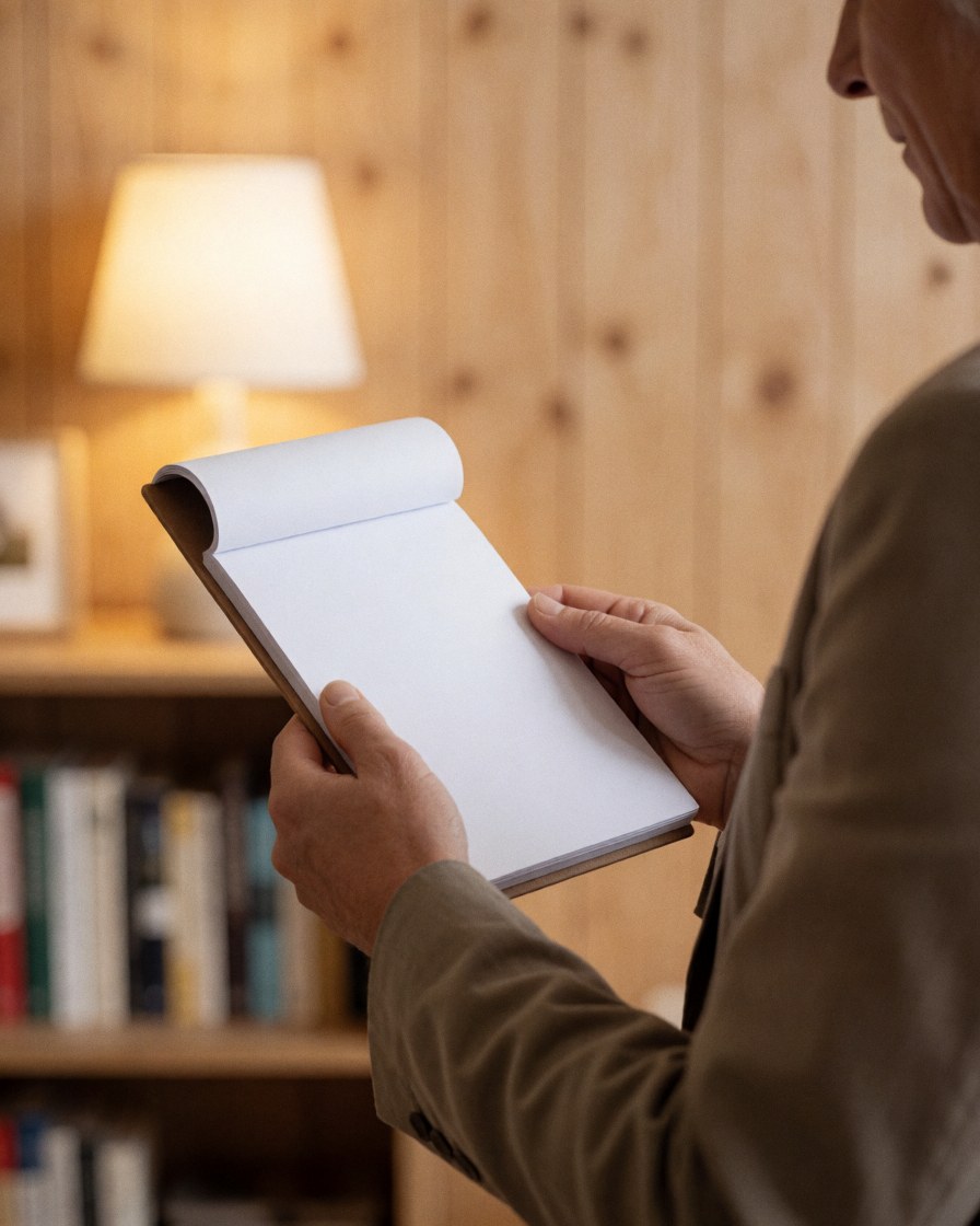 Un client adulte consulte un carnet ouvert aux pages blanches dans un bureau professionnel avec étagères et lampe en arrière-plan.