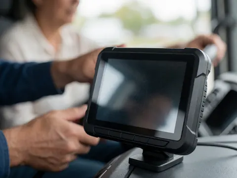 Vue intérieure d'un camion montrant un GPS fixé, des mains manipulant l'appareil, illustrant la navigation et la sécurité lors du transport de marchandises.