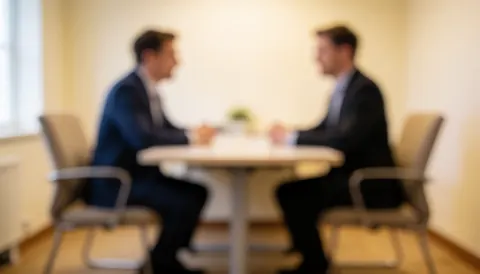 Salle d'entretien avec deux chaises et une table sur fond flou, éclairage chaleureux, idéal pour les ressources humaines.