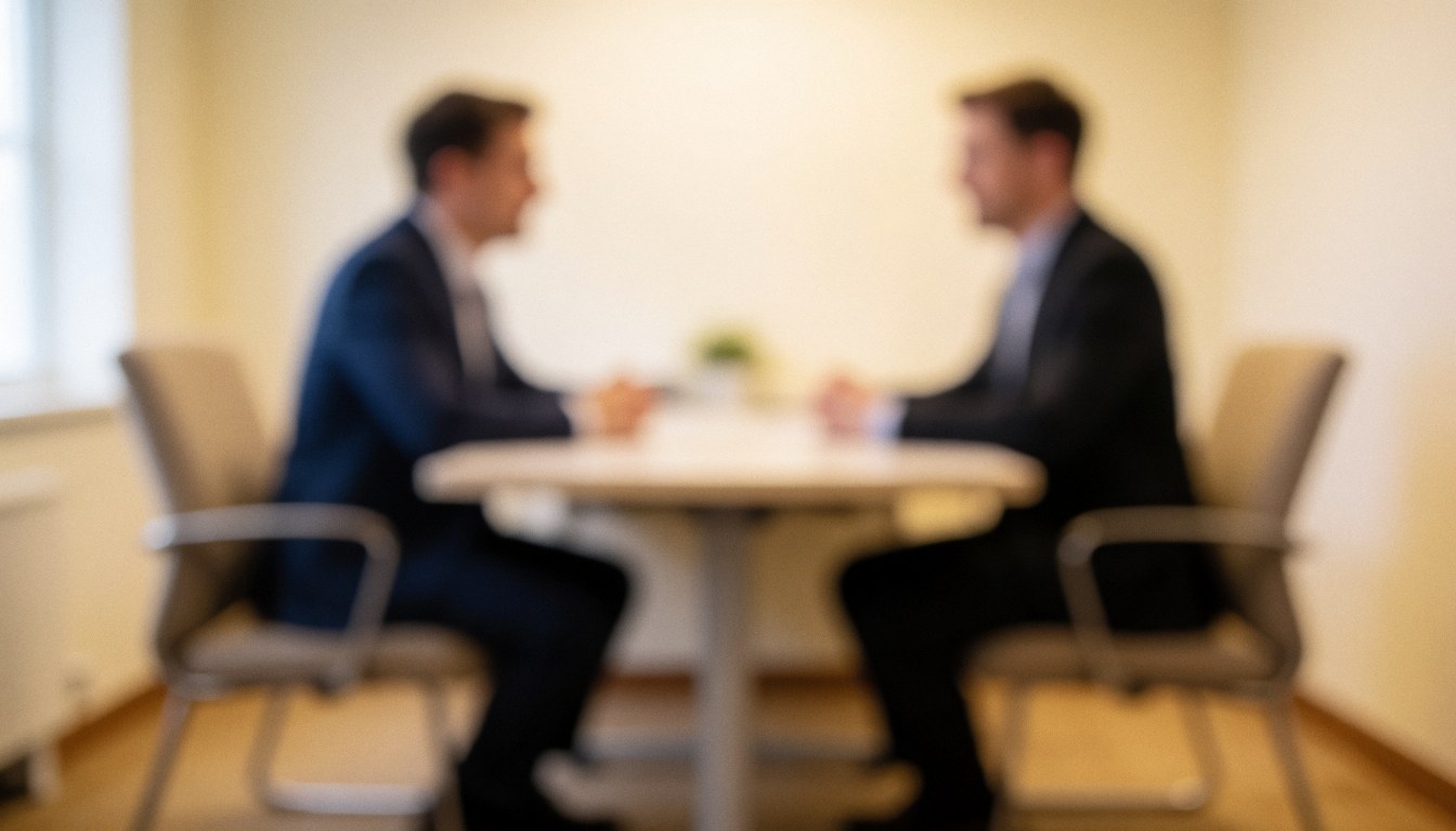 Salle d'entretien avec deux chaises et une table sur fond flou, éclairage chaleureux, idéal pour les ressources humaines.