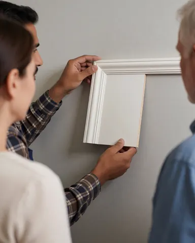 Un menuisier tient une moulure blanche devant un mur gris pour montrer le produit à un client lors d'une consultation professionnelle.