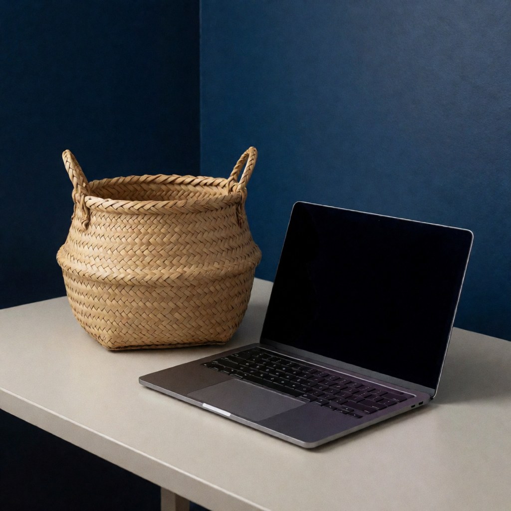 Un ordinateur moderne et un panier en osier posés sur une table blanche devant un mur bleu, évoquant un équilibre entre tradition et technologie.