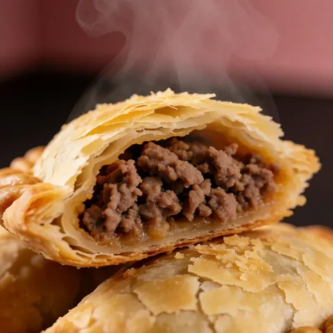 Gros plan d'une empanade dorée et croustillante dégagent de la vapeur, révélant une garniture généreuse à la viande.