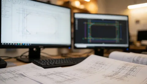Scène de bureau d'ingénierie avec deux écrans affichant des conceptions, des plans techniques sur le bureau et un éclairage chaleureux, idéal pour les textes commerciaux.