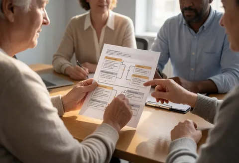 Plan d'études personnalisé affiché sur une table en bois dans un bureau lumineux, illustrant une stratégie éducative.