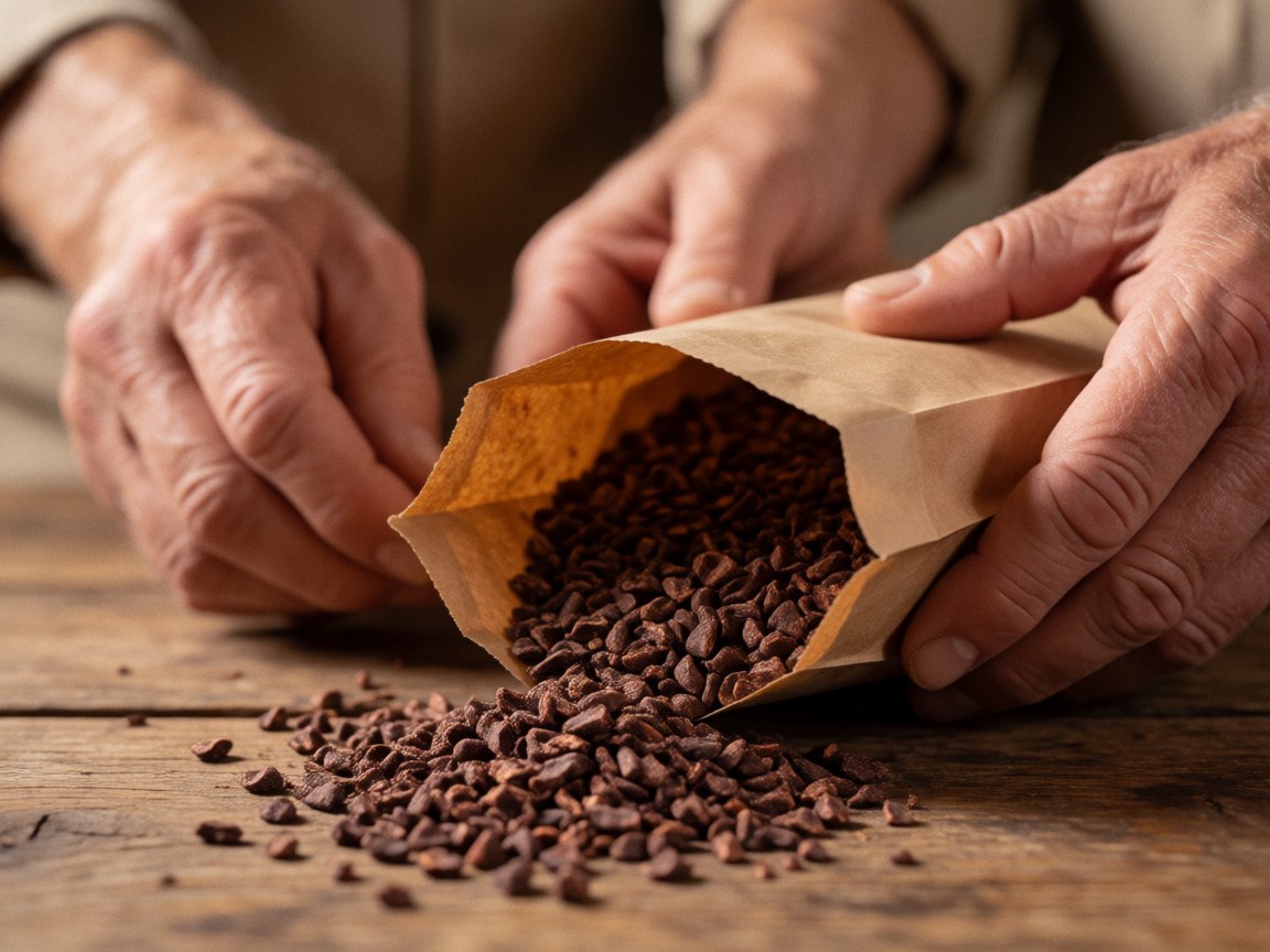 Des mains âgées versent des grains de cacao bruts depuis un sac en papier sur une surface en bois, avec un flou artistique en arrière-plan.