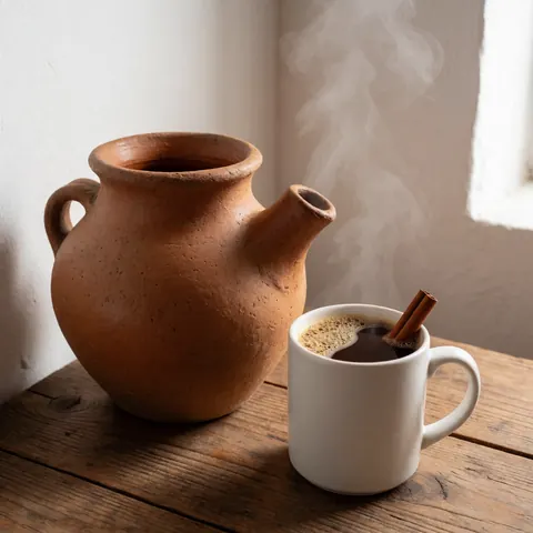 Une marmite en terre cuite remplie de café chaud et de bâtons de cannelle, posée dans une tasse blanche sur une table en bois, avec de la vapeur s'élevant, créant une ambiance chaleureuse.