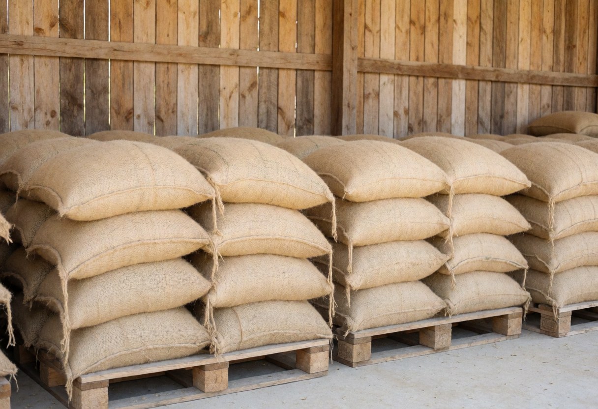 Sacs de café vert empilés sur des palettes en bois, stockés dans un local aux murs en bois avec une lumière naturelle.