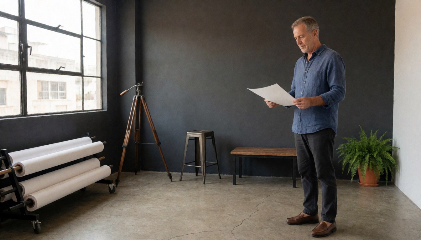 Un homme examine une impression dans un studio aux murs gris et au sol en béton, équipé d'un trépied, de rouleaux de papier, d'une plante et d'une grande fenêtre.