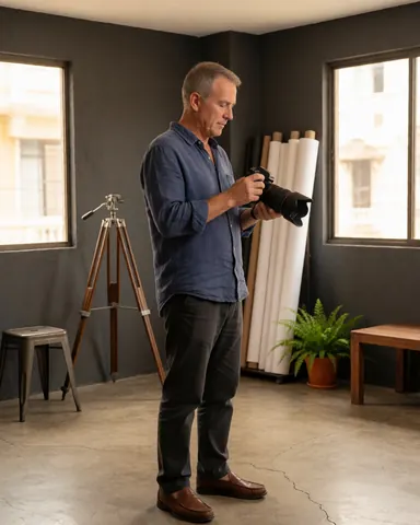 Un photographe masculin travaillant dans un studio avec une caméra, un trépied et de la lumière naturelle par une fenêtre.
