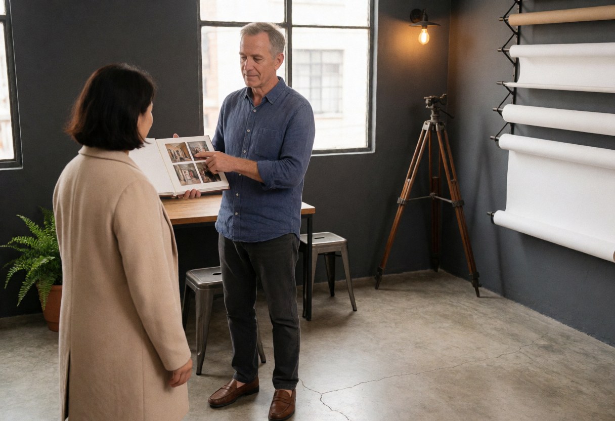 Le propriétaire d'un studio photographique accompagne un client pour la création d'albums photos dans un espace de travail lumineux avec trépied et fond neutre.