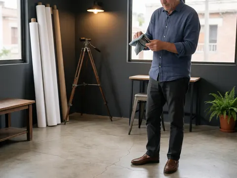 Homme âgé nettoyant un objectif d'appareil photo dans un studio avec trépied, papier blanc et plante. Murs gris, sol en béton et lumière naturelle.