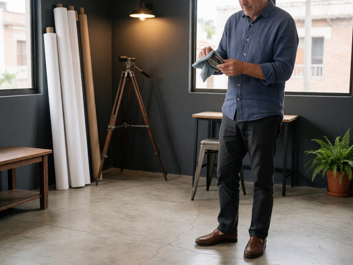 Homme âgé nettoyant un objectif d'appareil photo dans un studio avec trépied, papier blanc et plante. Murs gris, sol en béton et lumière naturelle.