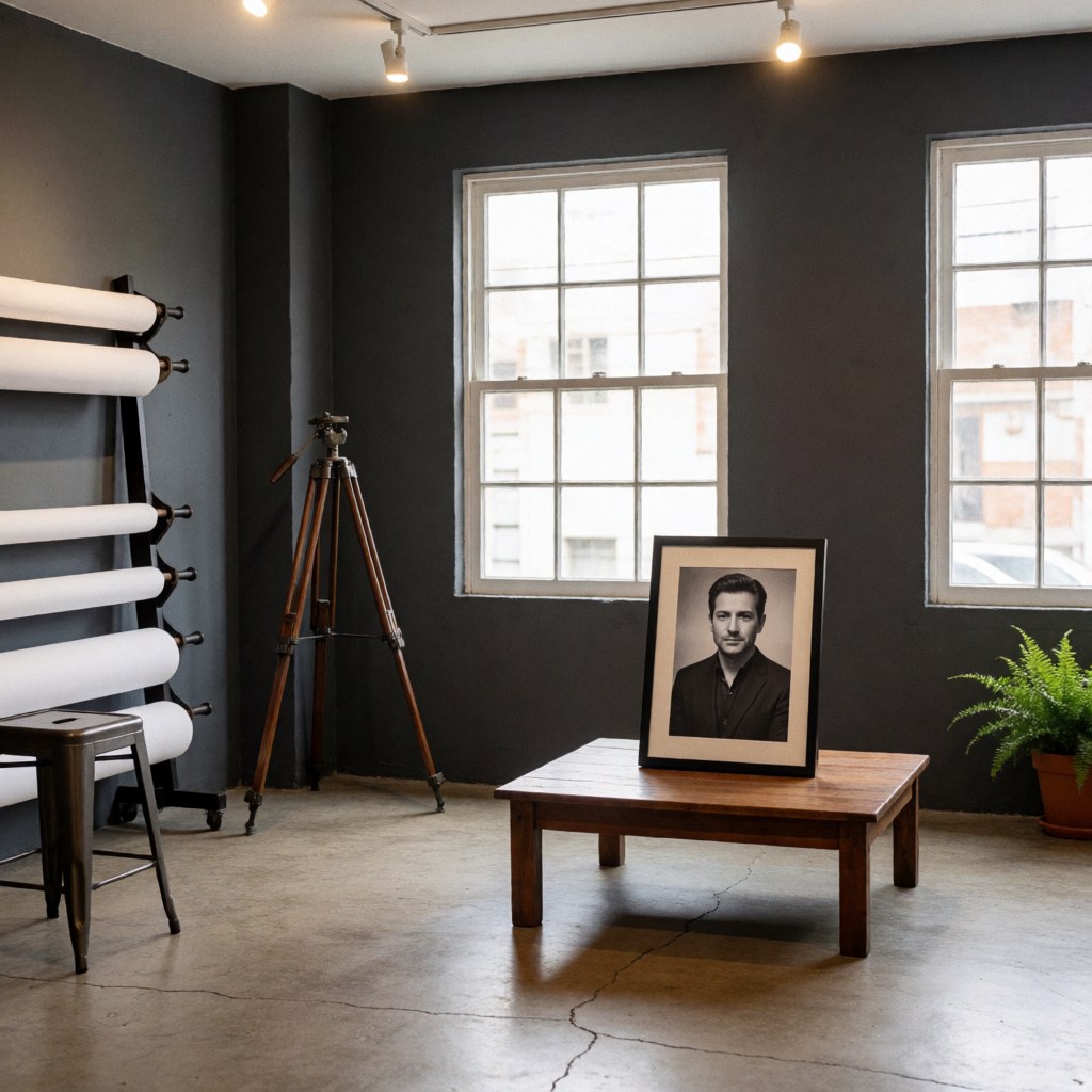 Un portrait photographique encadré en noir et blanc posé sur une table en bois dans un studio aux murs gris et au sol en béton, avec trépode et papier blanc.