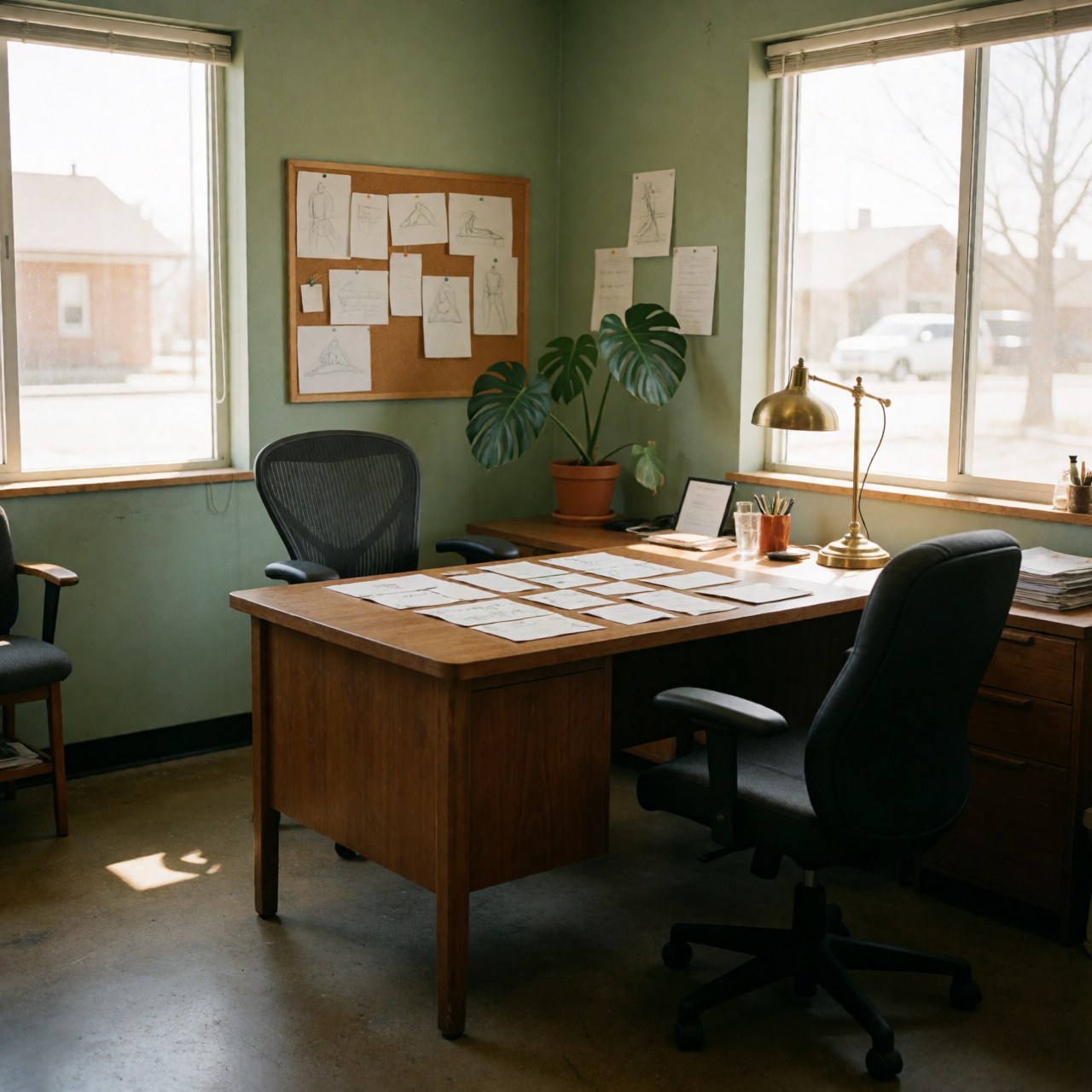 Bureau en bois orné d'invitations de mariage, d'une plante monstera, d'une lampe en bronze et de murs verts. Idéal pour le design d'événements et les mariages.