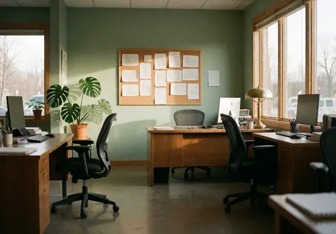 Vue d'un bureau moderne et vide, équipé d'un bureau en bois, d'une chaise ergonomique, de plantes vertes décoratives et baigné de lumière naturelle par les grandes fenêtres.