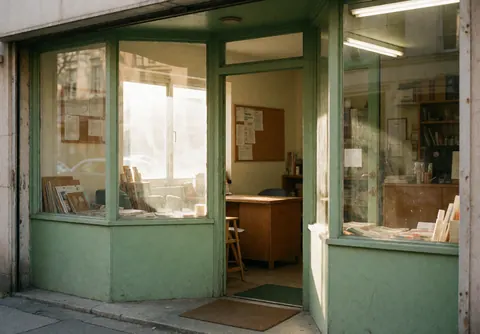 Entrée d'un commerce avec des murs verts, de grandes fenêtres laissant entrer la lumière naturelle, intérieur avec bureau en bois et tableau d'avis. Ambiance chaleureuse et réaliste pour un business.
