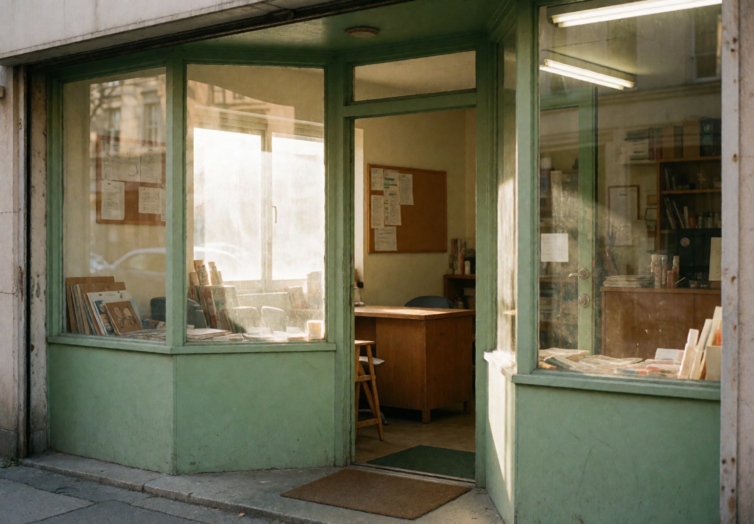 Entrée d'un commerce avec des murs verts, de grandes fenêtres laissant entrer la lumière naturelle, intérieur avec bureau en bois et tableau d'avis. Ambiance chaleureuse et réaliste pour un business.
