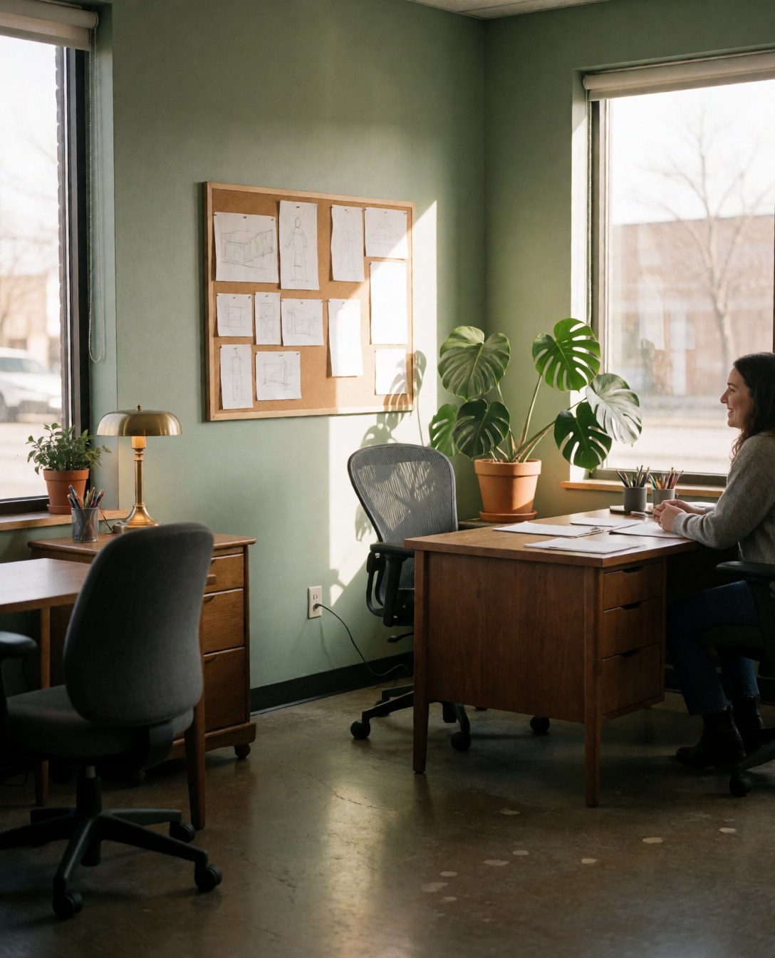 Une cliente heureuse participe à une réunion dans un bureau moderne avec murs verts, plante verte, bureau et lumière naturelle.