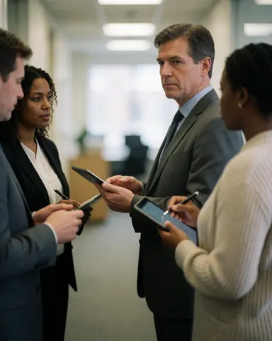 Un consultant expérimenté tient une tablette numérique dans un environnement de bureau moderne.