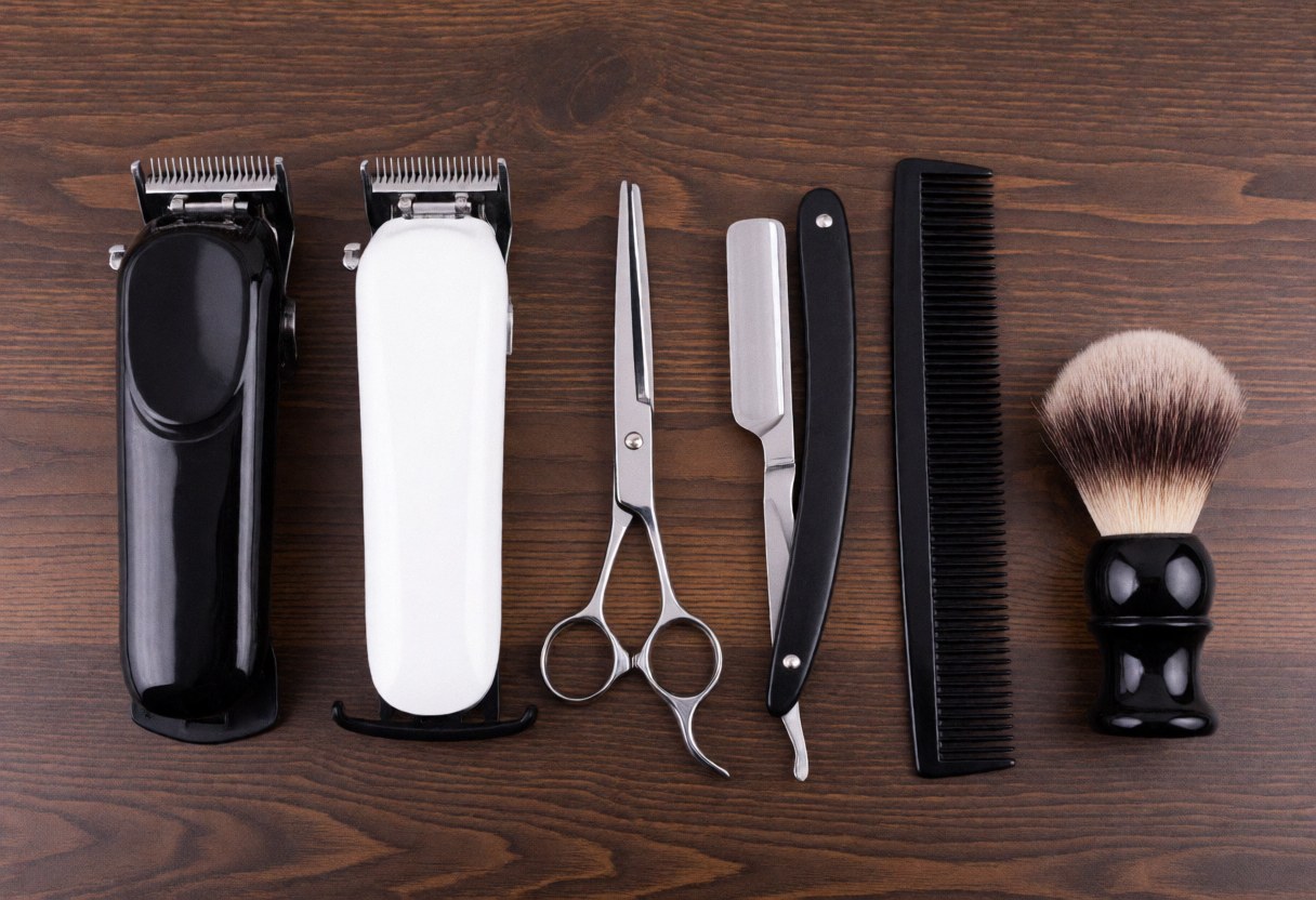 Vue de dessus d'outils de barbier incluant ciseaux, rasoir, peigne, brosse et tondeuse sur une surface en bois sombre avec éclairage professionnel.