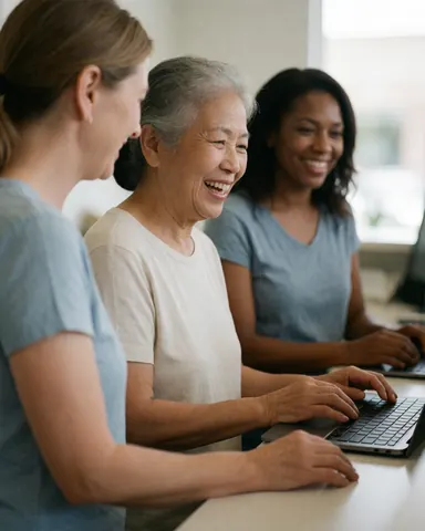 Une équipe de réception sourit joyeusement tout en utilisant un ordinateur portable dans un environnement de bureau professionnel.