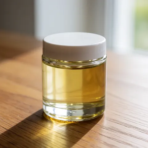 Bocal d'huile à barbe posé sur une table en bois, éclairage naturel, composition épurée, photo de produit professionnelle pour barbier.