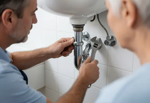 Un plombier ajuste des tuyaux sous un lavabo avec une clé anglaise tandis qu'un client observe la scène dans une salle de bain blanche et propre.