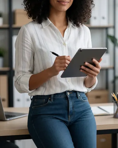 Jeune femme professionnelle tenant une tablette dans un bureau moderne avec plantes et lumière naturelle.