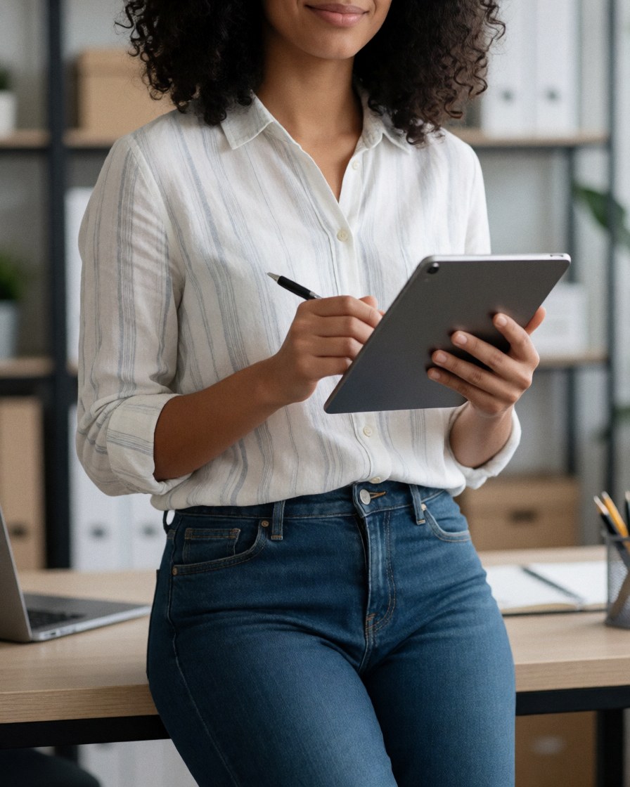Jeune femme professionnelle tenant une tablette dans un bureau moderne avec plantes et lumière naturelle.