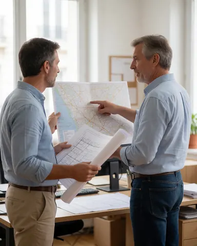 Deux agents immobiliers analysent ensemble des plans de construction et une carte lors d'une réunion professionnelle dans un bureau moderne baigné de lumière naturelle.
