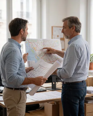 Deux agents immobiliers analysent ensemble des plans de construction et une carte lors d'une réunion professionnelle dans un bureau moderne baigné de lumière naturelle.