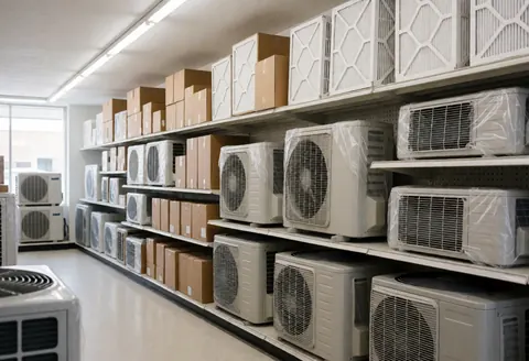 Entrepôt de climatisation contenant des unités et des filtres disposés sur des étagères, sous un éclairage vif dans un environnement propre et professionnel.