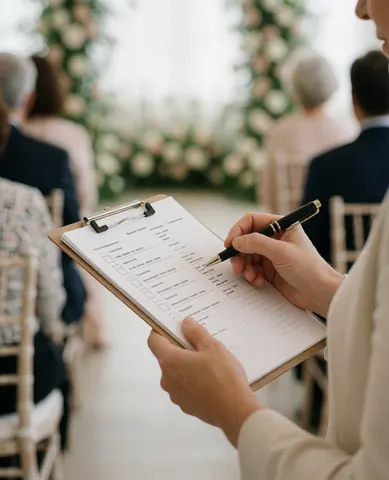 Une main tient un portefeuille contenant une liste de contrôle, entourée de décorations florales et de chaises pour un mariage ou un événement professionnel.