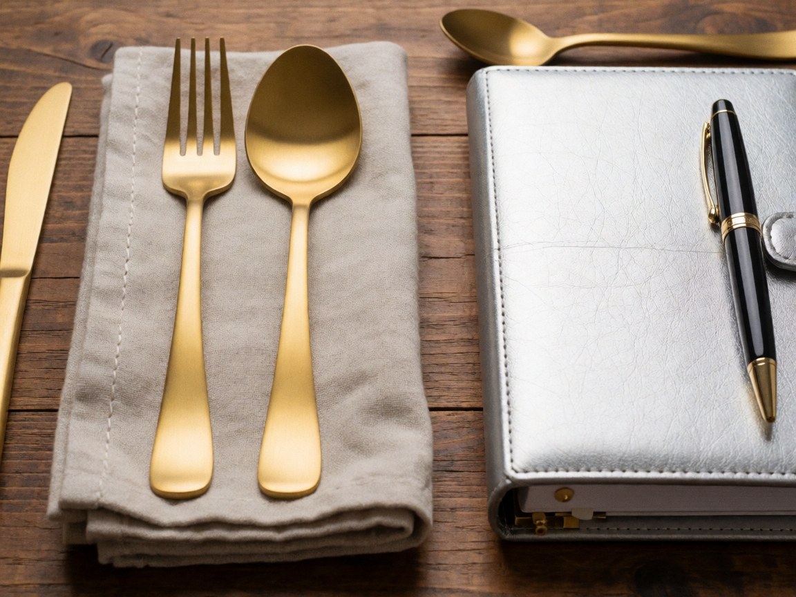 Couverts argent et or, serviette et agenda sur table en bois, idéal pour planifier mariages élégants.