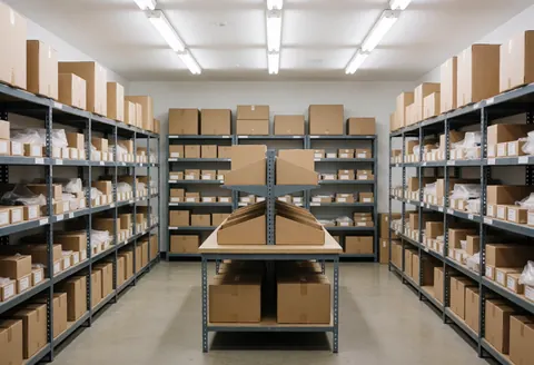 Entrepôt de boutique en ligne avec étagères métalliques remplies de cartons, table centrale et éclairage fluorescent, prêt pour la logistique.