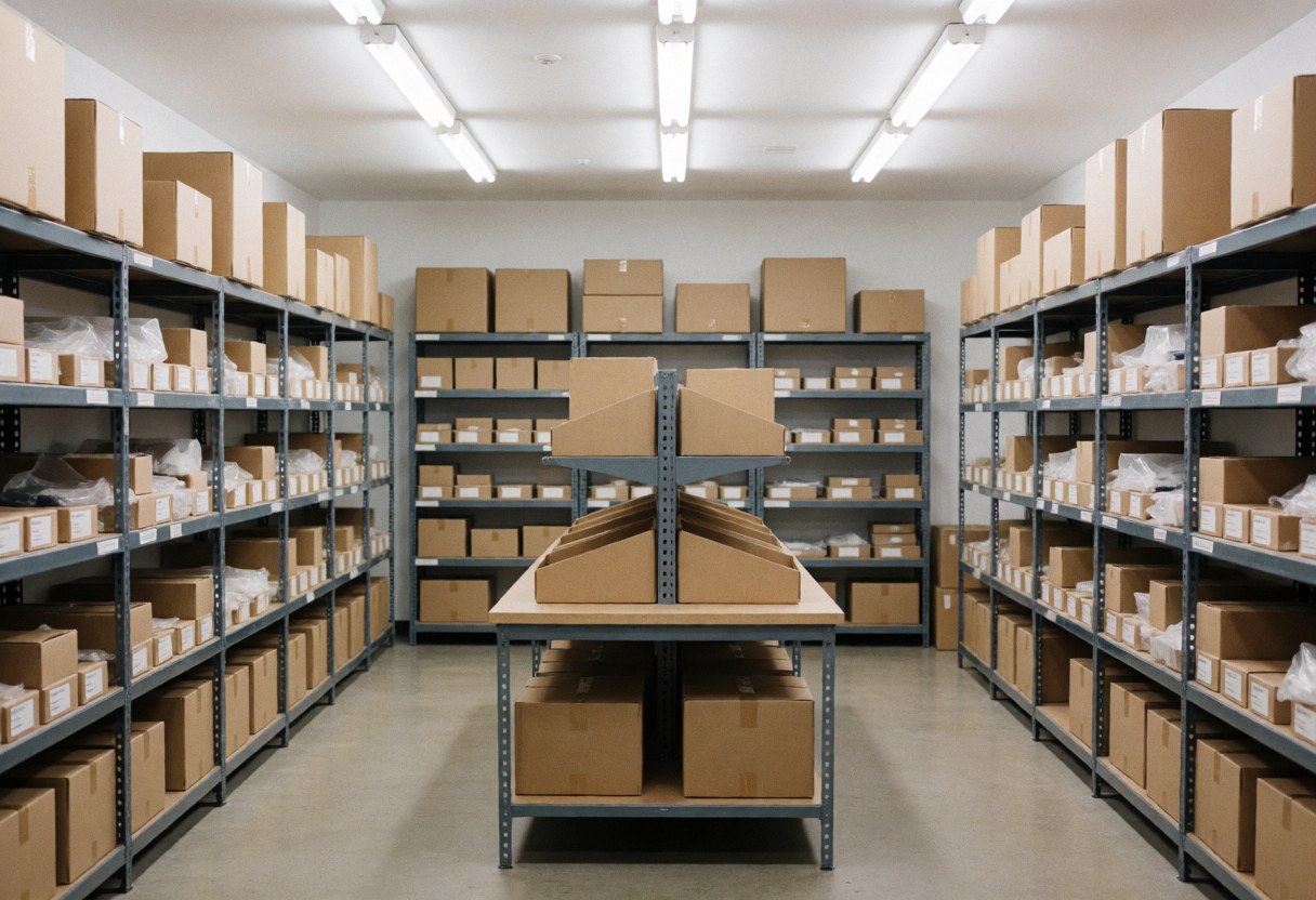 Entrepôt de boutique en ligne avec étagères métalliques remplies de cartons, table centrale et éclairage fluorescent, prêt pour la logistique.