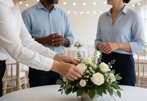 Préparation minutieuse des derniers détails pour une réception élégante avec fleurs et lumières.