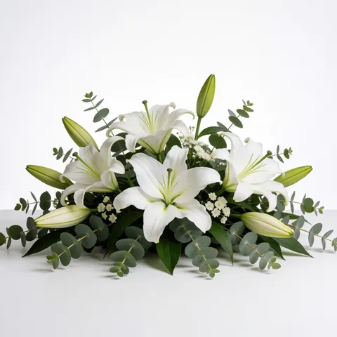 Un arrangement floral élégant composé de lys blancs et de feuilles d'eucalyptus servant de centre de table pour un événement ou un mariage.