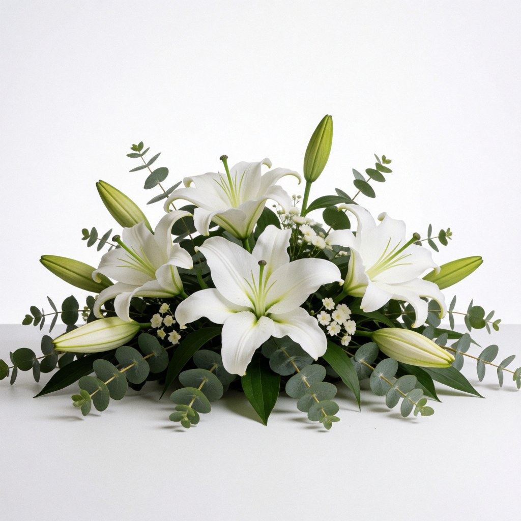Un arrangement floral élégant composé de lys blancs et de feuilles d'eucalyptus servant de centre de table pour un événement ou un mariage.