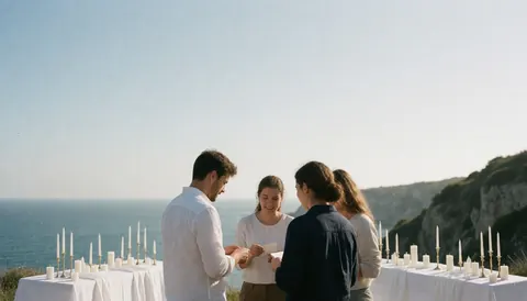 Scène de mariage côtier élégante avec table décorée de bougies et vue imprenable sur la mer et les falaises.