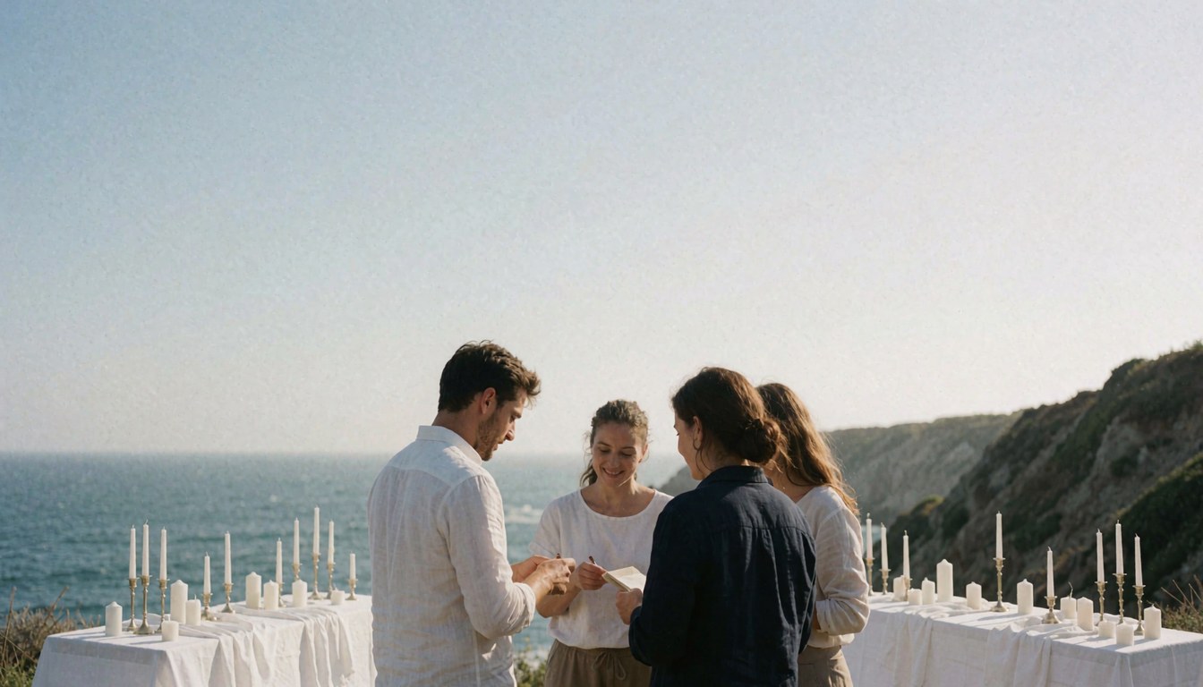 Scène de mariage côtier élégante avec table décorée de bougies et vue imprenable sur la mer et les falaises.