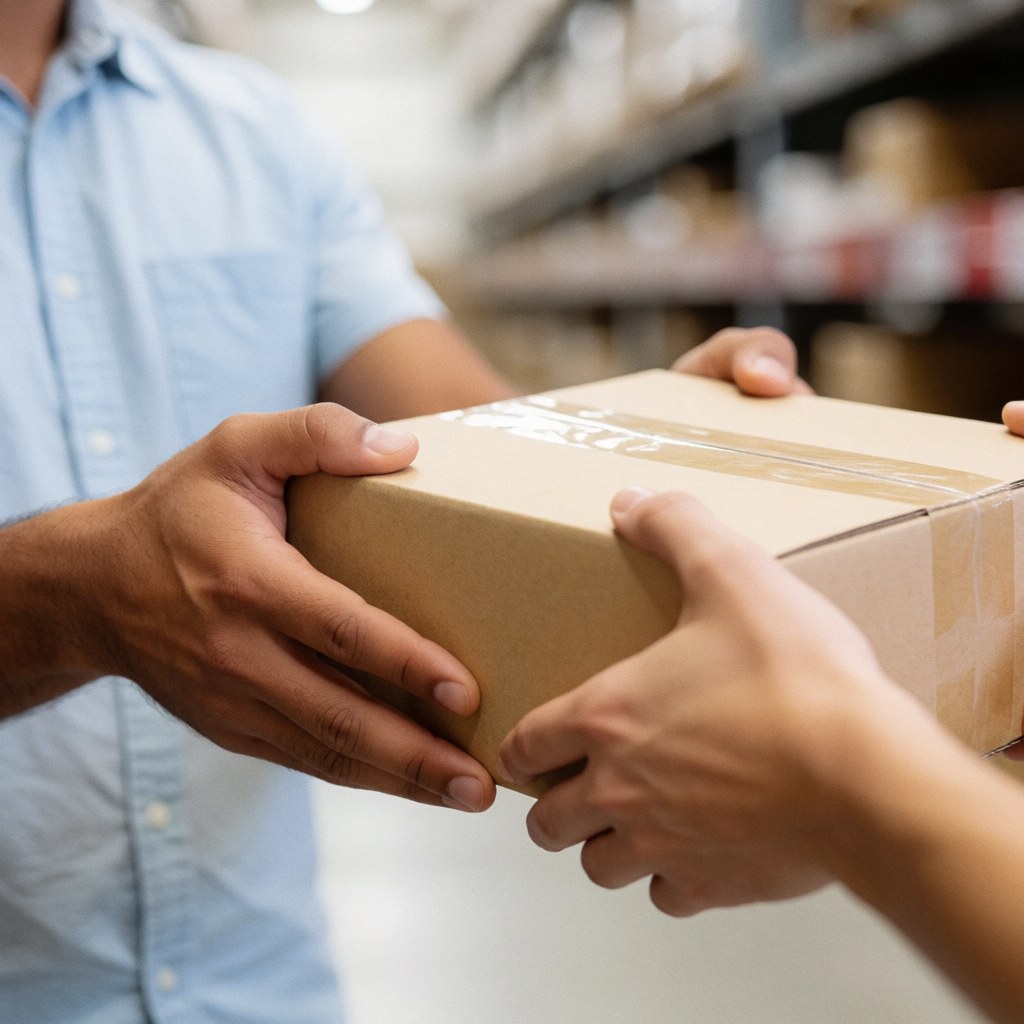 Mains du vendeur et du client échangeant une boîte en carton scellée dans un entrepôt professionnel.