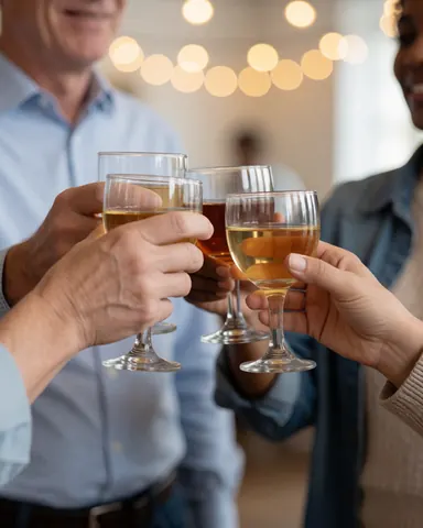 Groupe de personnes portant des verres à vin pour un toast lors d'une fête ou d'un événement festif en intérieur.