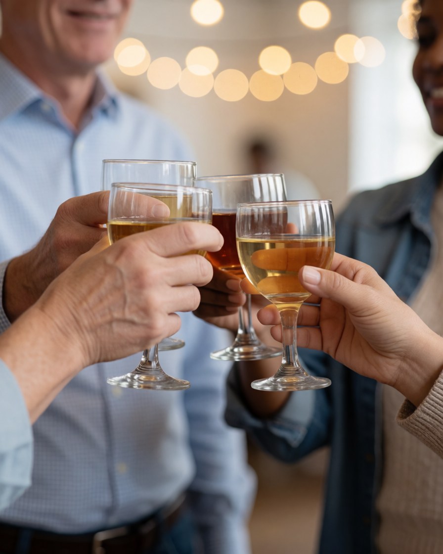 Groupe de personnes portant des verres à vin pour un toast lors d'une fête ou d'un événement festif en intérieur.