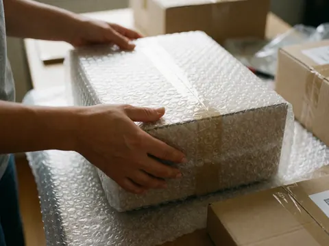 Des mains soigneuses enveloppent une boîte avec du papier bulle sur une table d'emballage, éclairage naturel, scène de préparation de commande pour boutique en ligne.