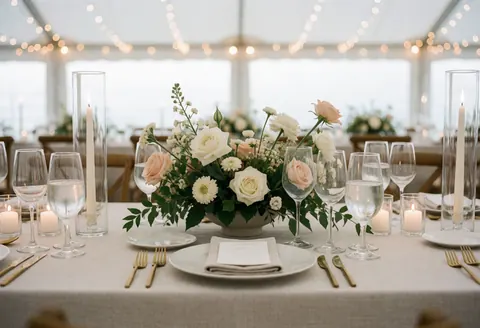 Table de réception de mariage avec nappe blanche, vaisselle dorée, verres, bougies et centre de table aux roses blanches et roses sous éclairage doux.