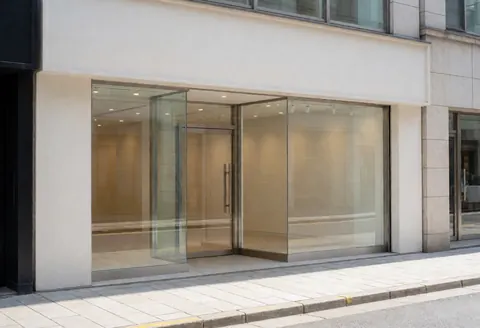 Vue de face d'une façade commerciale contemporaine avec des portes vitrées et une architecture minimaliste grise et blanche.