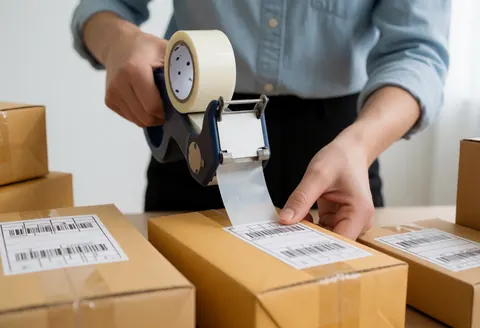Un employé d'entrepôt applique des étiquettes d'expédition sur des cartons fermés avec du ruban adhésif, préparant les commandes pour la livraison.