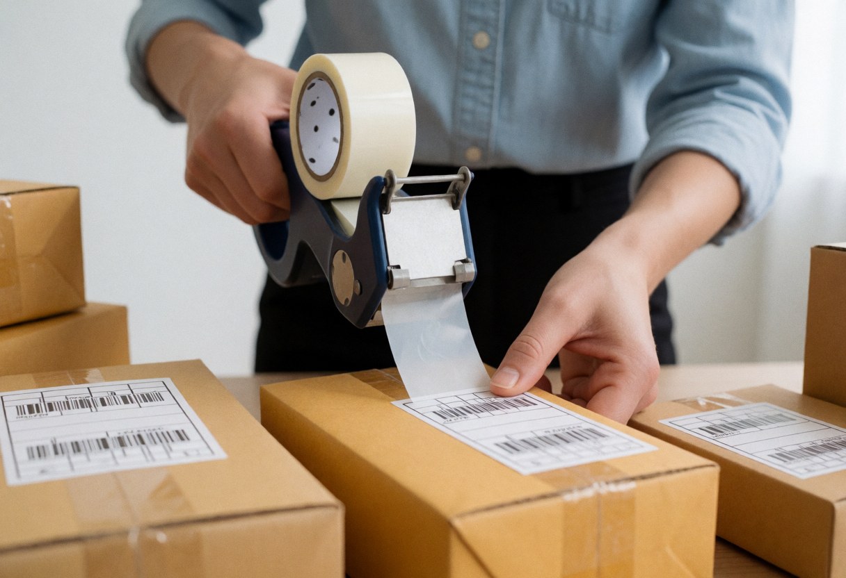 Un employé d'entrepôt applique des étiquettes d'expédition sur des cartons fermés avec du ruban adhésif, préparant les commandes pour la livraison.